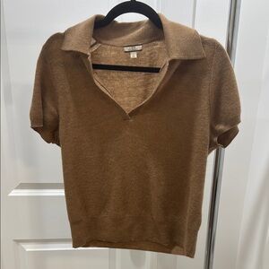 Camel Color Short Sleeve Cashmere Collared Top